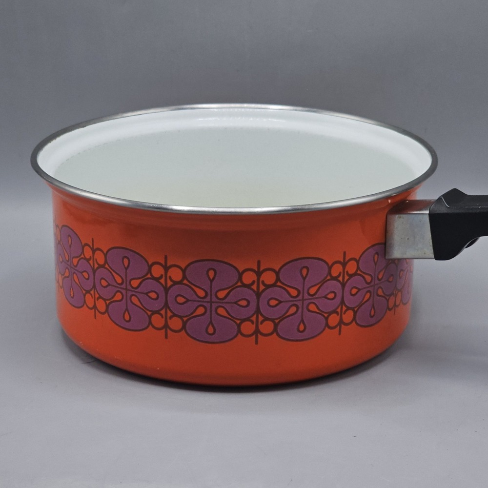 Vintage Orange Purple Floral Trippy Groovy Enamelware 3 QT Sauce Pot Pan MCM 70s